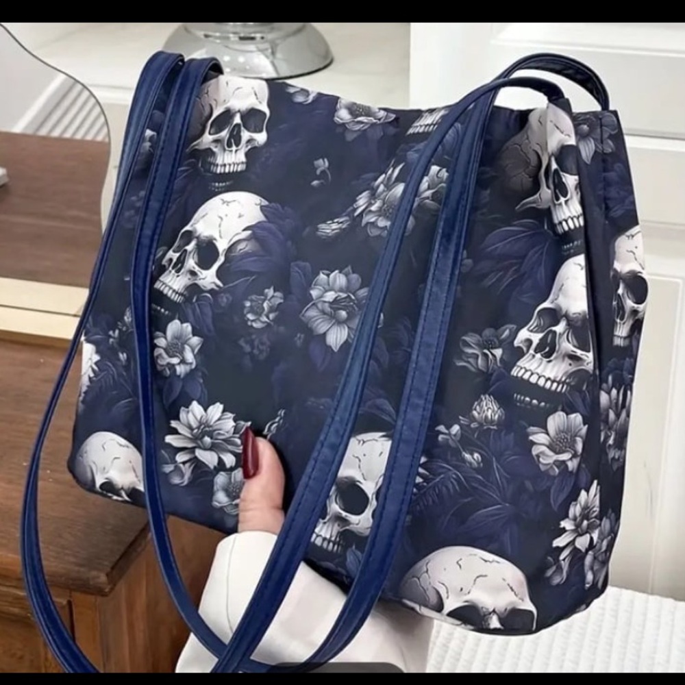 New! Gothic Fashion Skull Flower Print Shoulder Bag, Punk Style Underarm Bag